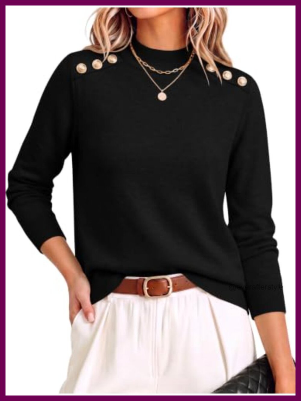 Women's Mock Neck Long Sleeve Ribbed Knit Pullover Sweater Button Shoulder